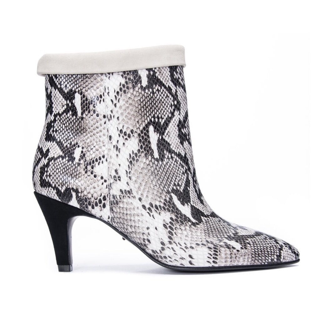 42 GOLD OJAI SNAKESKIN PRINT LEATHER SUEDE STILETTO SLIP ON POINTED TOE BOOTS